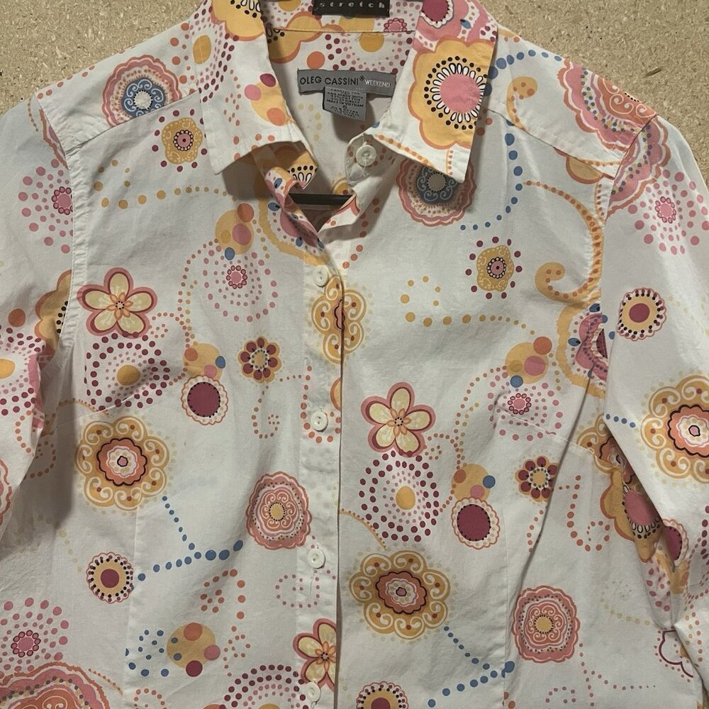 Oleg Cassini Weekend Women Button Down Shirt Paisley Cotton Size Small Stretch - Picture 7 of 8